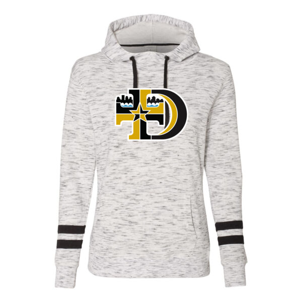 J. America - Women’s Mélange Fleece Striped-Sleeve Hooded Sweatshirt - Applique Logo Thumbnail